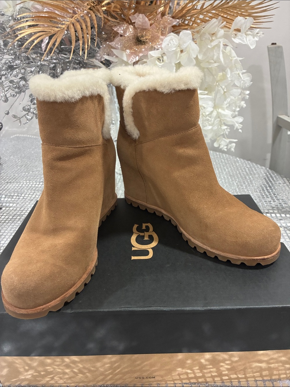 UGG Tan Suede Shearling Wedge Ankle Boots